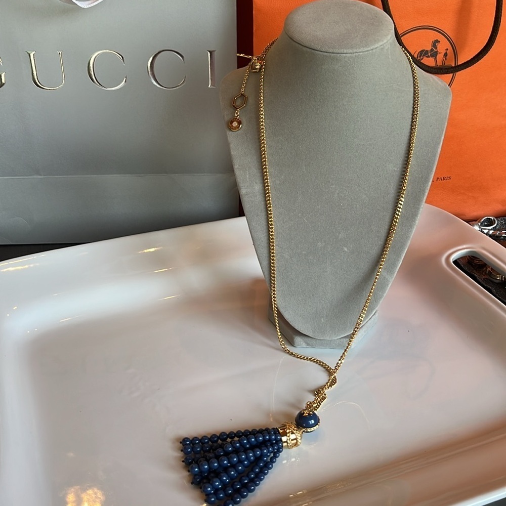 Tory Burch Gold and Blue Beaded Tassel Necklace - Picture 8 of 10